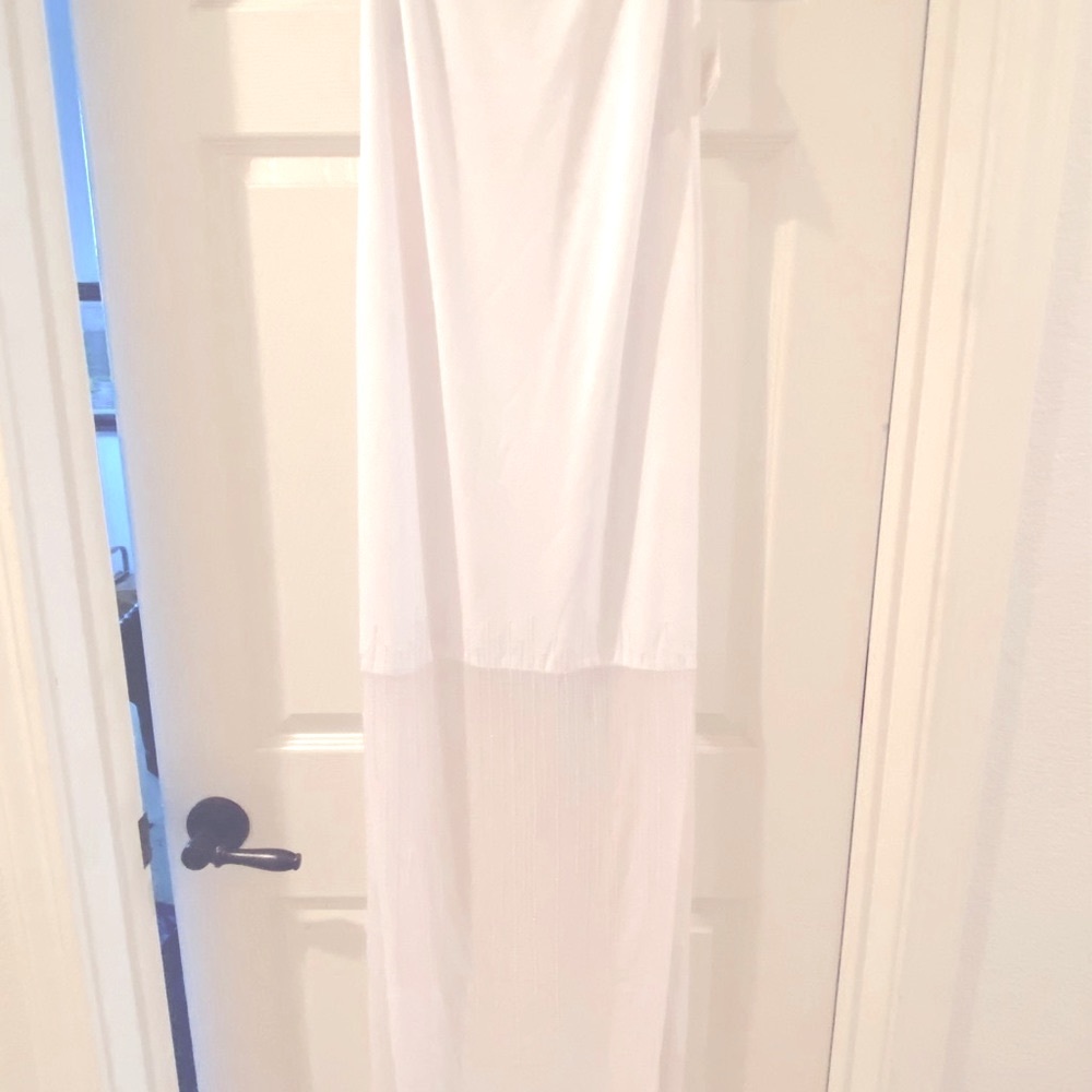 White Nikki Livas Gown (NWT) low cut back, iridescent beading on sheer bottom